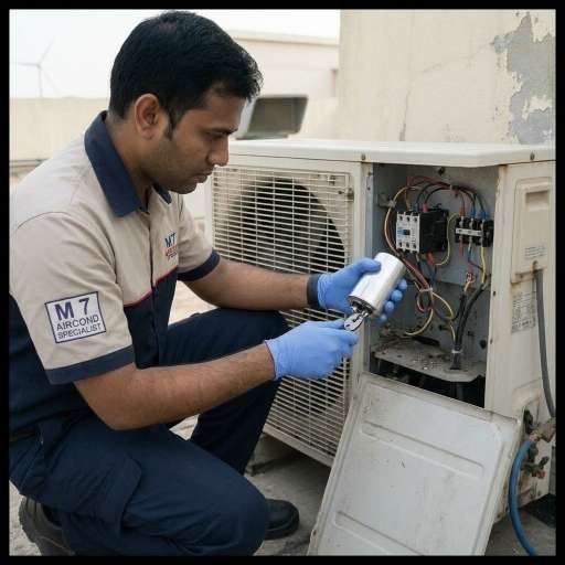 Technician replacing faulty capacitor inside outdoor air conditioning electrical panel in Shah Alam