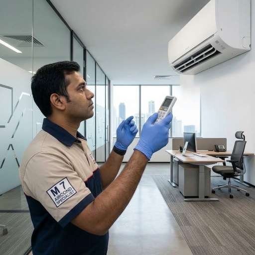 Aircond specialist testing newly serviced unit with remote control in an office in Ampang