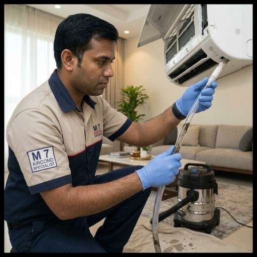 Expert clearing clogged air conditioning drainage pipe with vacuum to stop water leaking in Puchong