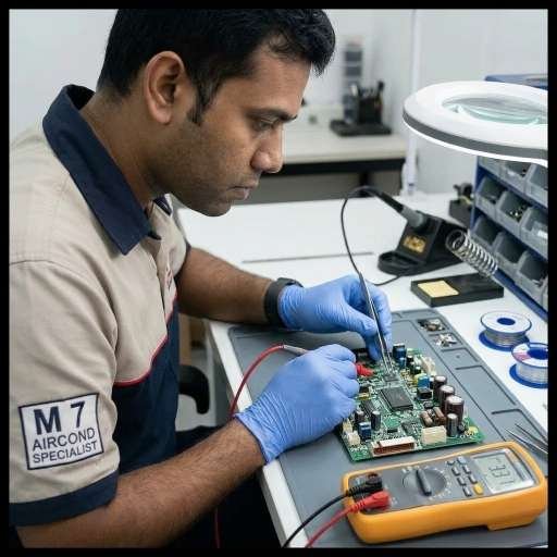 Professional technician repairing air conditioning PCB board using a multimeter in KL