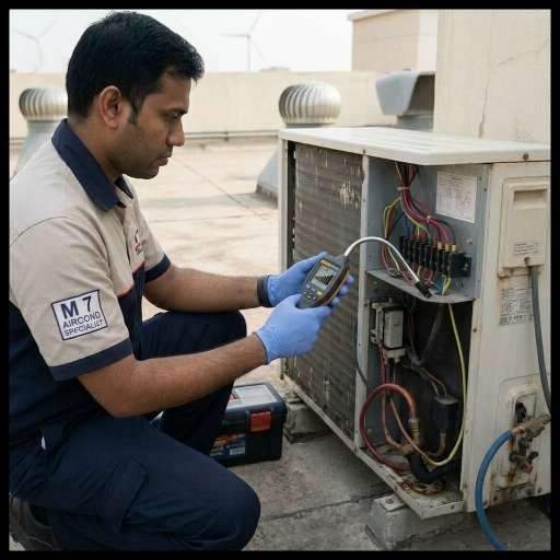 Professional technician using electronic leak detector on outdoor air conditioner unit in Kuala Lumpur