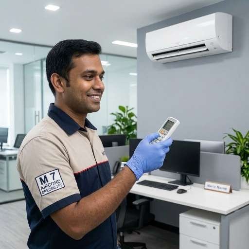Technician testing aircond temperature after service in KL Malaysia