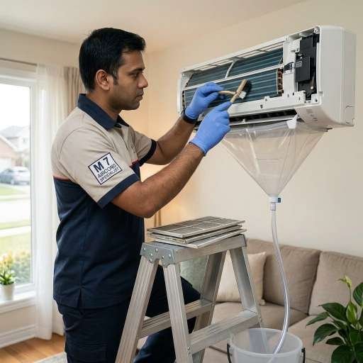 Technician performing indoor aircond chemical cleaning service in Kuala Lumpur.