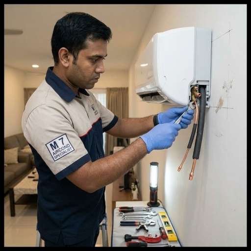 Professional new air conditioner installation and piping in Subang Jaya
