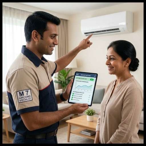 Friendly M7 Aircond Specialist explaining service report to a customer on a digital tablet